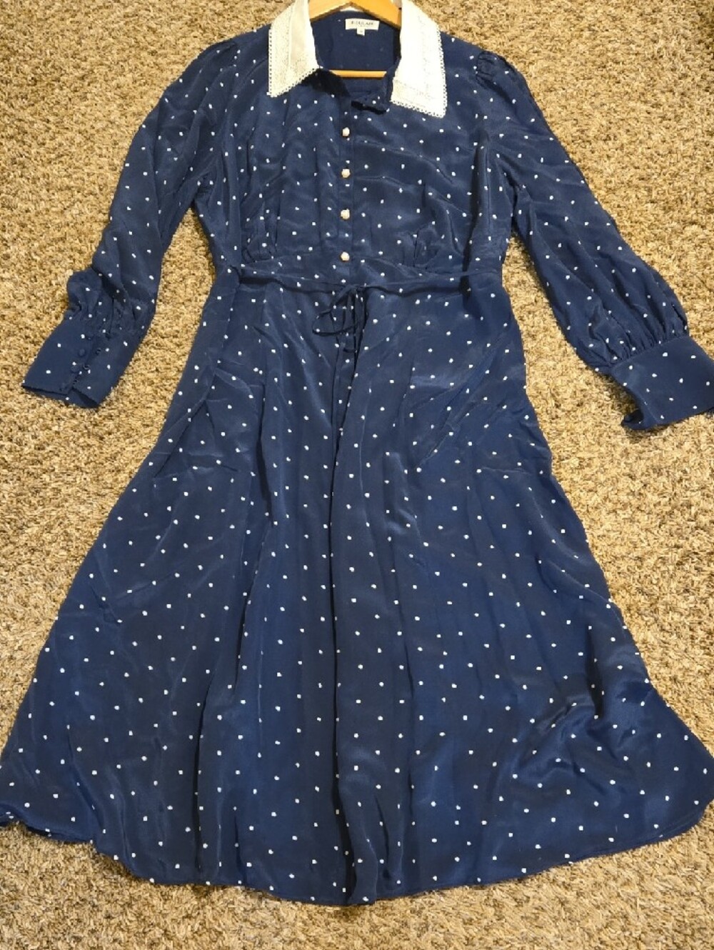 Beulah London, Navy Blue Polka Dot Dress with Cream Lace Collar